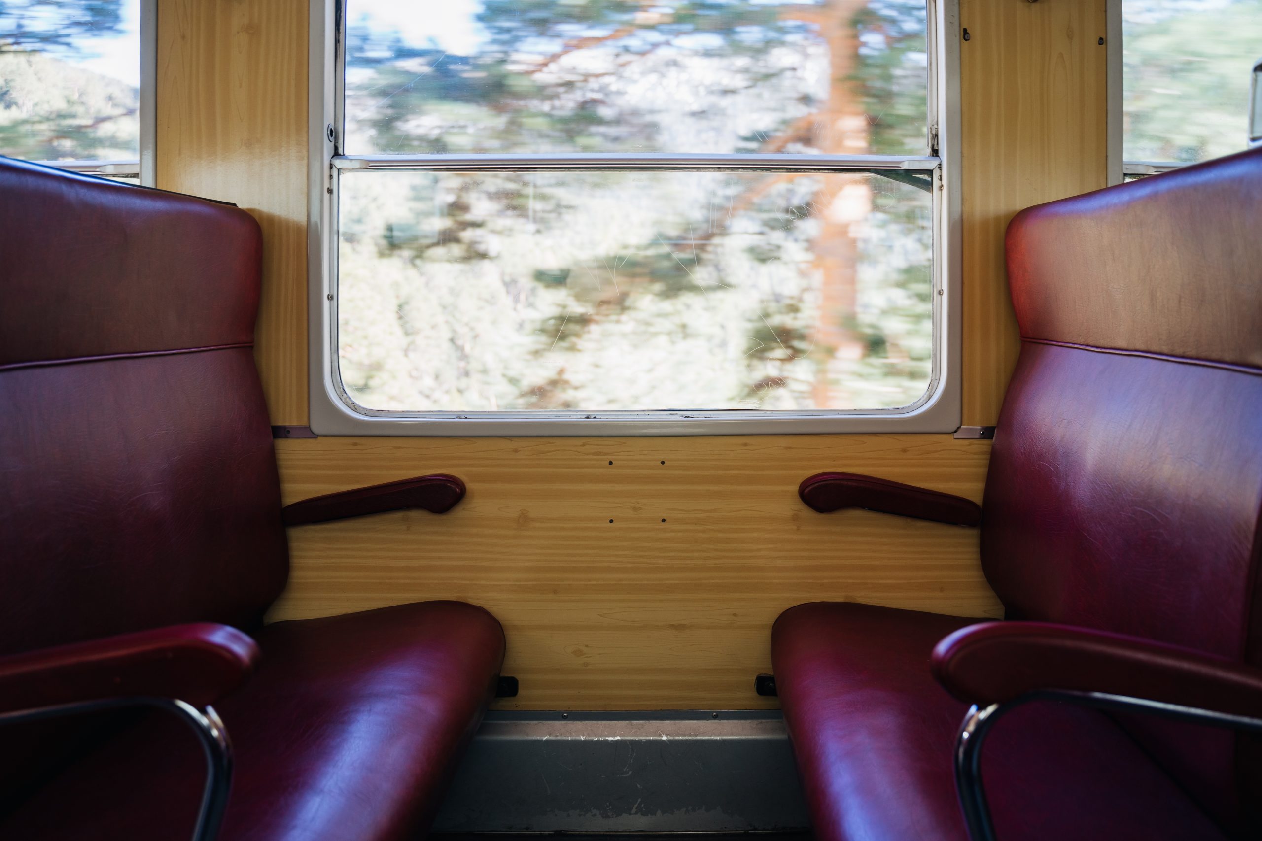Interior of a train with red leather seats and a blurred view of trees through the window