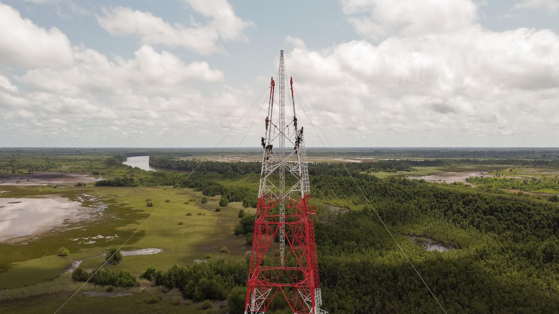 High-voltage transmission tower integrated into a natural landscape, reconciling electricity networks with environmental preservation
