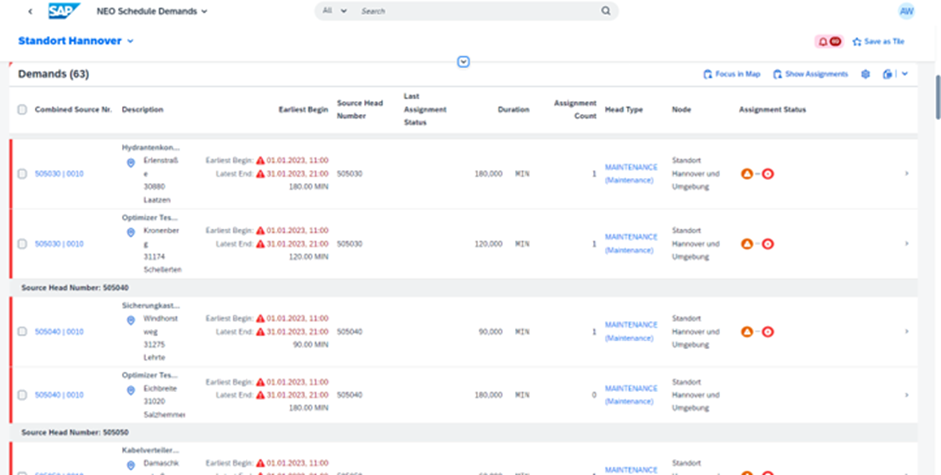 Bedarfsübersicht des Disponenten in NEO Schedule