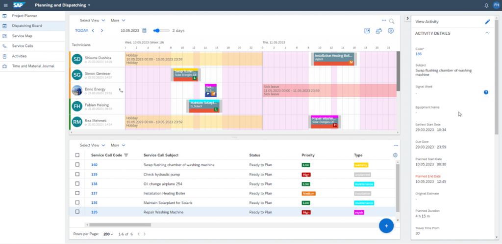 Planungs- und Bedarfssicht des Disponenten im SAP Field Service Management