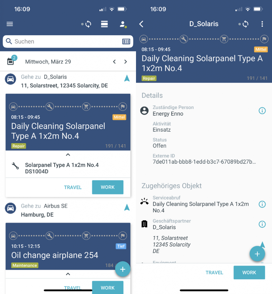 Smartphone Ansicht der mobilen App des SAP Field Service Management (Aktivitätsübersicht und Aktivitätsdetails)